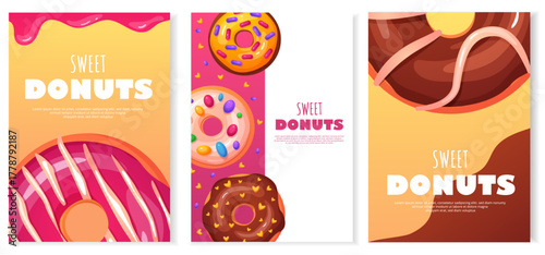 Bright sweet donuts vector posters with colorful icing and sprinkles. Perfect for bakery ads, cafe menus, packaging, and dessert-themed designs.