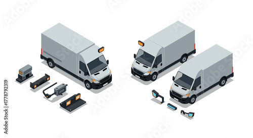 Isometric delivery van setup with customizable accessories and led lights