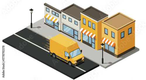 Isometric cityscape with delivery truck on urban street