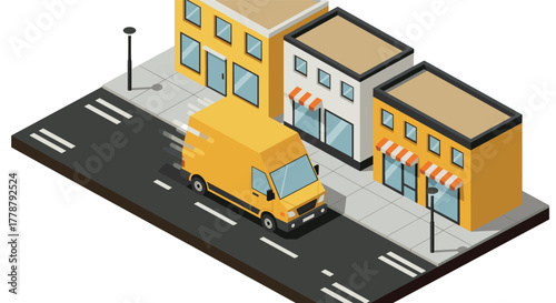 Isometric urban street with delivery van and storefronts in shades of yellow and gray