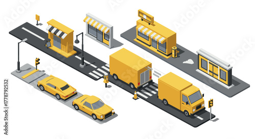 Isometric urban street scene with yellow vehicles and storefronts
