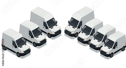 Fleet of eight white cargo vans in isometric view