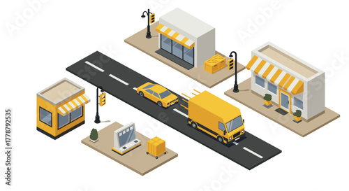 Urban delivery scene with vehicles and shops in isometric style