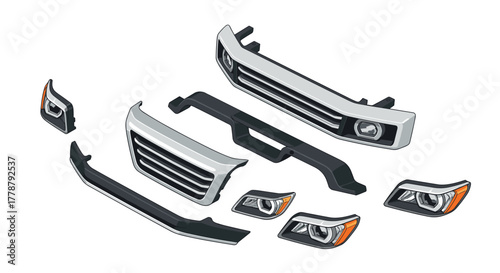 Auto parts diagram highlighting bumpers and headlights in isometric design