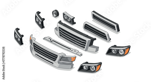 Isometric car exterior parts set including grilles and headlights in detailed design