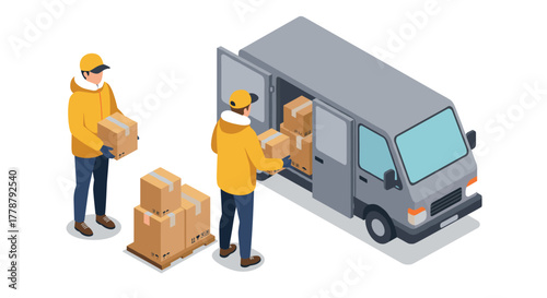 Efficient package delivery process with workers and delivery van in isometric style