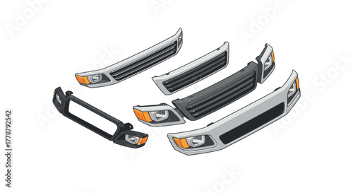Isometric car grille collection with diverse front bumper designs
