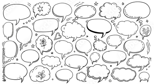Collection of hand drawn speech bubbles and thought clouds in a doodle style black and white illustration