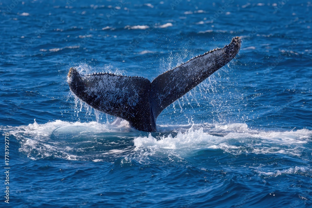 Naklejka premium Humpback whale tail splashes water as another whale surfaces in the ocean during a sunny day