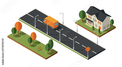 Isometric suburban street with orange truck and modern house