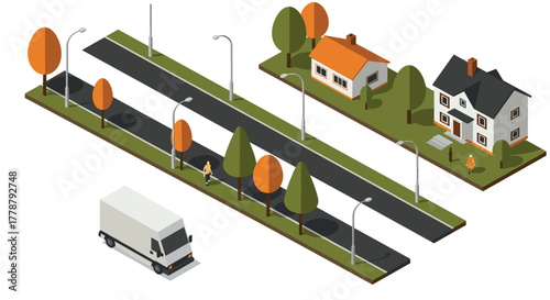 Modern isometric suburban street scene with houses, trees, and delivery van