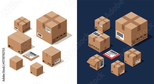 Isometric cardboard boxes with barcodes on white and dark backgrounds