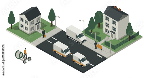 Isometric urban neighborhood with delivery vans and pedestrians in minimalist style