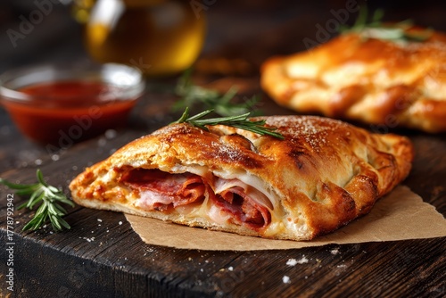 Wallpaper Mural Savory meat pizza calzone folded in half with delicious filling and a side of dipping sauce placed on a rustic wooden table Torontodigital.ca