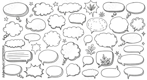 Collection of hand drawn sketchy speech bubbles and thought clouds in various shapes and styles
