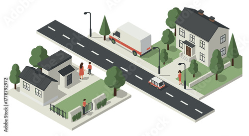 Isometric suburban neighborhood with houses, trees, and vehicles on crossroads