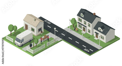 Isometric neighborhood scene with houses, road, and people in a peaceful suburban setting