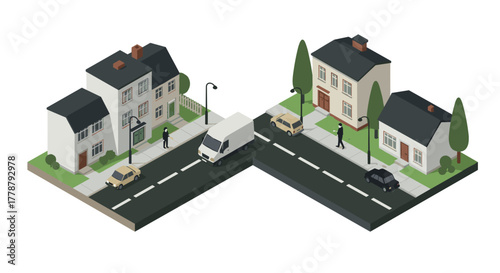 Isometric city streets with residential houses and vehicles