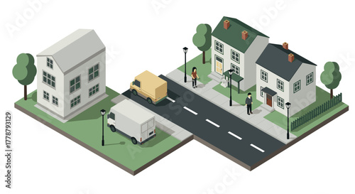 Isometric neighborhood scene with modern houses, vehicles, and people interacting on a sunny day