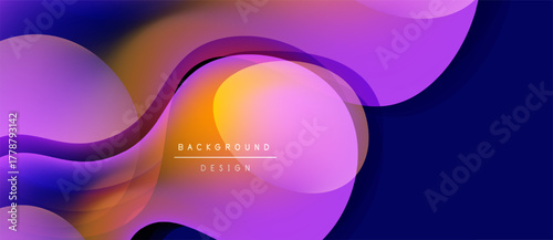 Abstract fluid shapes, vibrant colors blend. Modern design, smooth gradients create dynamic composition. Purple, orange hues dominate.