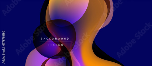 Abstract fluid shapes overlap, creating vibrant color gradients. Dark blue background emphasizes orange, purple hues. Modern design element.