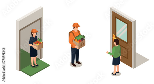 Isometric home grocery delivery service with couriers and customers