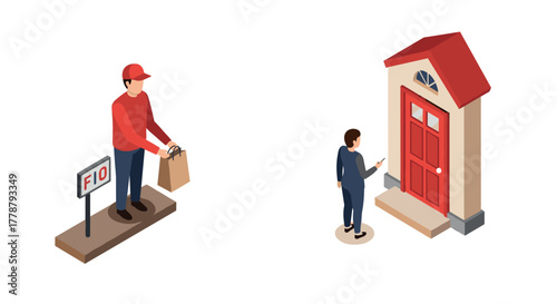 Isometric home delivery and online shopping concept with delivery person and customer