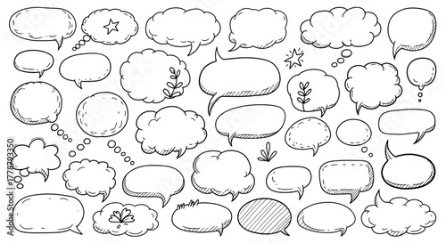 Collection of hand drawn speech bubbles and thought clouds in sketchy doodle style