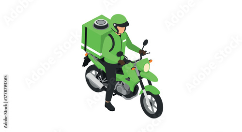 Colorful isometric delivery driver riding motorcycle with helmet and green uniform