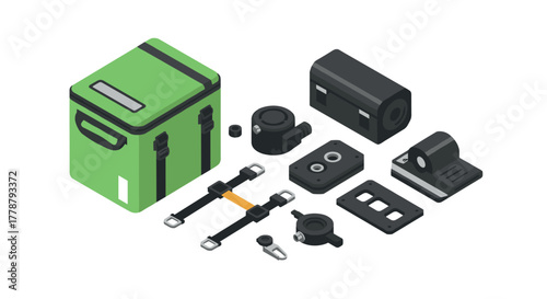 Isometric delivery equipment set with camera mounts and accessories