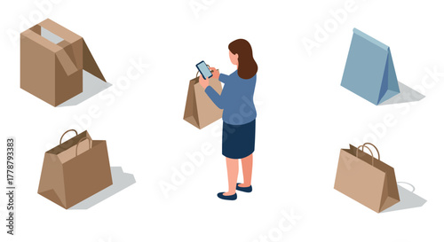 Isometric shopping scene with paper bags and woman using smartphone