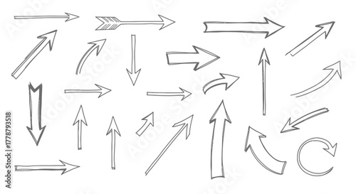 Hand drawn collection of various arrow shapes and directions in black ink on white background