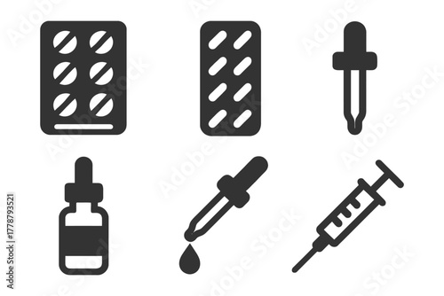 Medical symbols: blister packs, droppers, and syringe icons for healthcare.