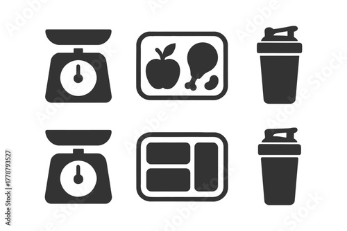 Kitchen scale meal prep shaker icons for balanced diet and nutrition.