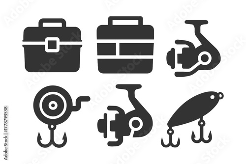 Fishing equipment icons: tackle box, reel, lure silhouettes in black.