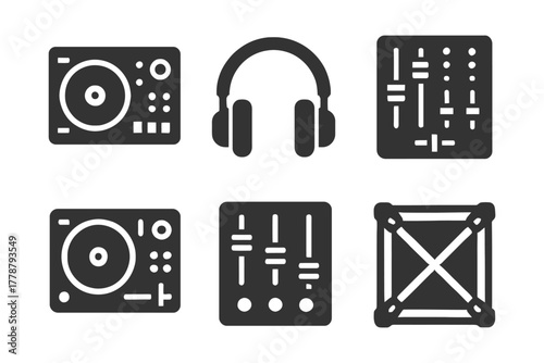 Dj equipment icons: turntable, headphones, mixer console, equalizer.