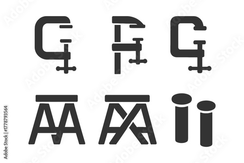 Set of black clamps and sawhorse icon illustrations of construction tools.