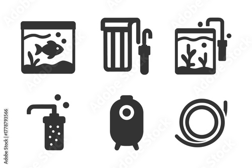 Aquarium equipment icons: fish tank, filters, aerator, and tubing symbols.