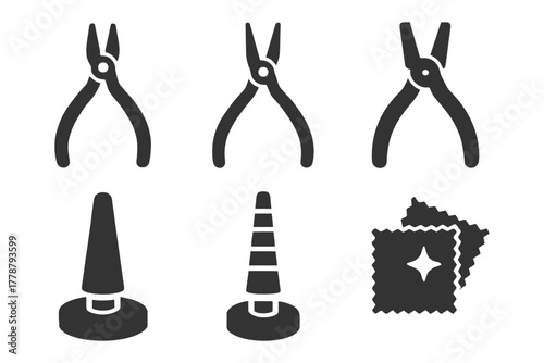 Tool silhouettes: pliers, traffic cones, cleaning cloths.