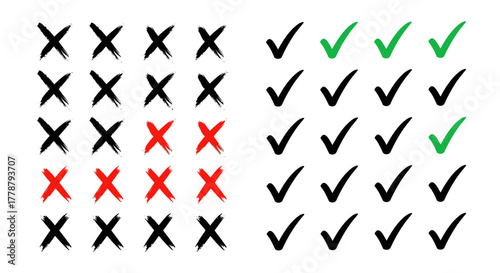 Hand drawn check marks and crosses in green and red on a white background representing choices and decisions