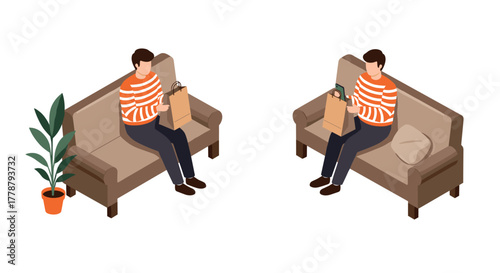 Isometric men relaxing on sofas with shopping bags and potted plant