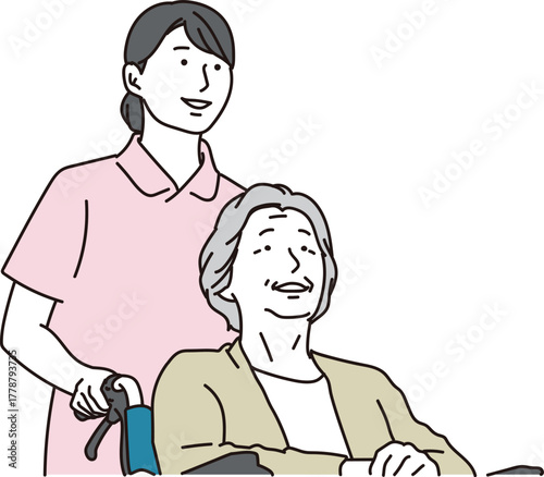 車椅子で散歩をする看護師とシニア女性のイラスト素材