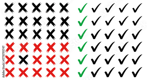 Visual comparison of numerous black and red crosses versus green and black checkmarks on a white background