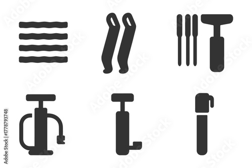 Bicycle tools and tire repair icons in black and white set.