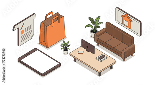 Isometric home office setup with shopping bag and tech devices