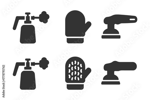 Car cleaning tools silhouette set: steam cleaner, mitt, polisher icons.