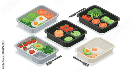 Healthy meal prep containers with fresh vegetables and eggs in isometric style