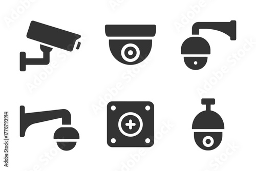Set of security camera icons in black and white.