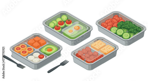 Healthy meal prep isometric lunchbox designs featuring fresh vegetables and proteins
