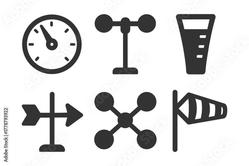 Weather instrument icons: clock, anemometer, rain gauge, wind vane, flag.